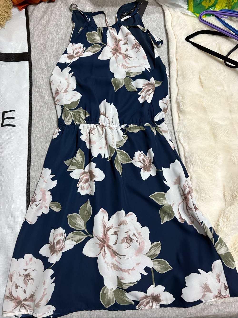 Dynamite Navy Halter Mini Dress with White & Green Floral Print